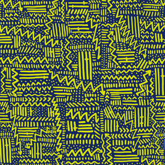 Seamless doodle geometric arrow, dot and line contemporary pattern in rythmic ethnic or Memphis style, background.