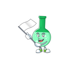 Cute cartoon character of green chemical bottle holding white flag