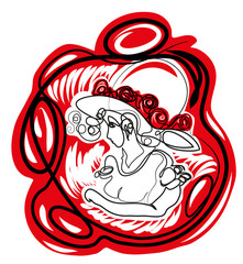 One continuous line drawing of woman with floral hat.
Woman in the rose and wearing big floral hat.
