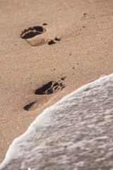 Footprints of a man on a sandy beach.