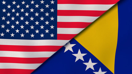 Fototapeta premium The flags of United States and Bosnia and Herzegovina. News, reportage, business background. 3d illustration