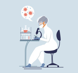 Medicine Scientist research and analysis in laboratory.  Diagnose checking testing and Science experiment. Vector illustration