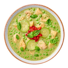 Thai Green Curry with Chicken or Gaeng Kaew Wan Gai isolated on white background Thai Green Curry is a Thailand cuisine dish with green chillies, basil, coconut milk, vegetables and spices. Thai Food
