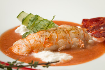 Shrimp dish on a plate close-up. Seafood, vegetables, sauce, food, restaurant, serve, delicious, taste
