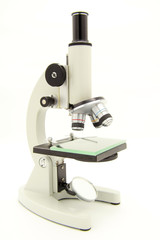 Realistic microscope. 3d chemistry, pharmaceutical tool, microbiological magnifying tool. Symbol of science, chemistry and intelligence. laboratory microscope. Vertical image.