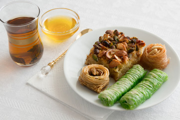 eastern desert with glass of tea and honey
