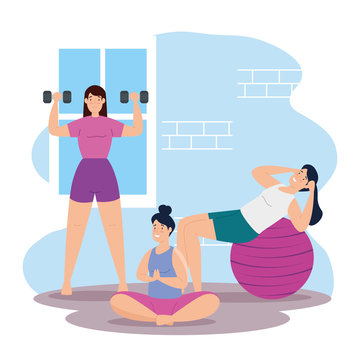 group of women home workout vector illustration design