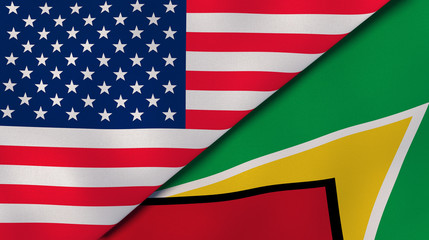 The flags of United States and Guyana. News, reportage, business background. 3d illustration