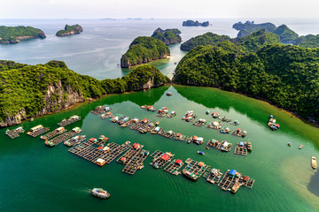 Floating fishing village and rock island in 