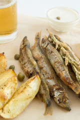 fried capelins, wedges and bear