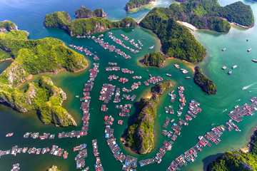 Floating fishing village and rock island in 