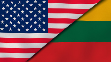 The flags of United States and Lithuania. News, reportage, business background. 3d illustration
