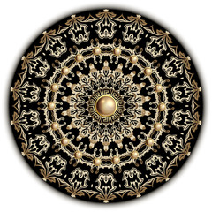 Baroque vector mandala pattern. Greek floral background. Jewelry backdrop. Antique Victorian baroque style round ornament. Vintage flowers, leaves, greek key meander, 3d buttons. Golden ornate design