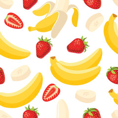 Banana with half, slices and leaves isolated on white background. Vector.