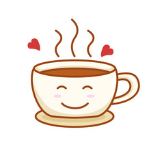 Cute cup of coffee vector illustration with facial expression isolated on white background. Coffee character clip art