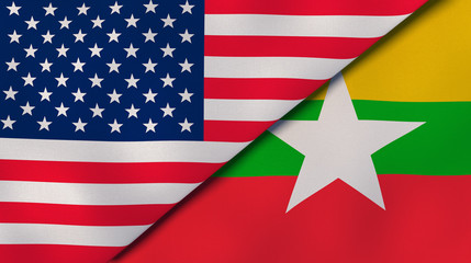 The flags of United States and Myanmar. News, reportage, business background. 3d illustration