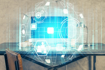 Computer on desktop with social network theme icon. Multi exposure. Concept of international connections.