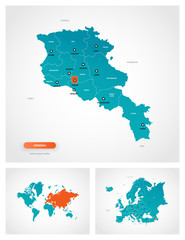 Editable template of map of Armenia with marks. Armenia  on world map and on Europe map.