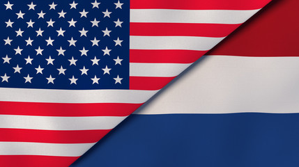 The flags of United States and Netherlands. News, reportage, business background. 3d illustration