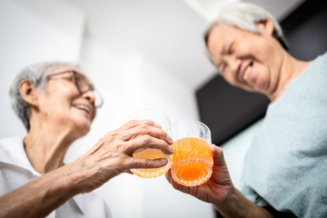 Healthy elderly sibling drinking vitamin C,orange juice and clinking glasses at home,senior people...