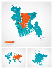 Editable template of map of Bangladesh with marks. Bangladesh  on world map and on Asia map.