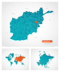 Editable template of map of Afghanistan with marks. Afghanistan  on world map and on Asia map.