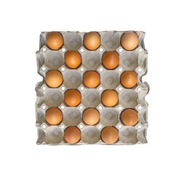 Brown chicken eggs in gray carton package box, top view image with copy space, die cut isolated on white background and clipping path