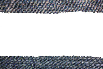 Torn ripped jeans fabric over white blank background. Destroyed denim pants fabric, empty white copy space. Blue jeans cloth material, blank denim overlay template