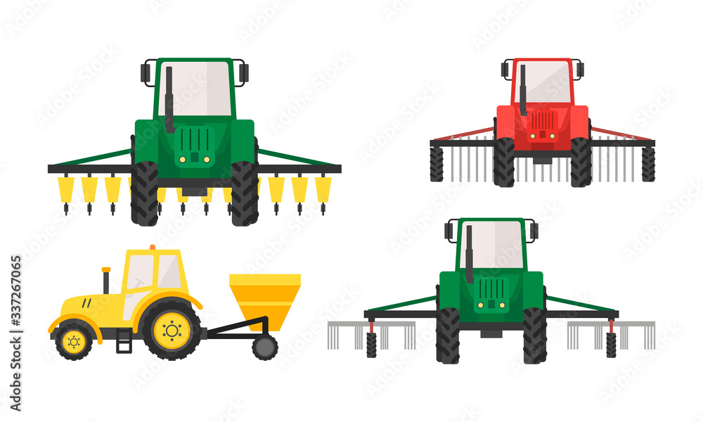 Wall mural hand drawn different types of agricultural machinery vector illustration