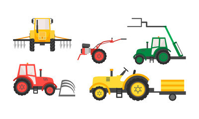 Hand drawn different types of agricultural machinery over white background