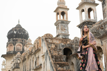 Fototapeta na wymiar Beautiful south east asian girl in traditional Indian sari/saree on temple background.