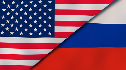 The flags of United States and Russia. News, reportage, business background. 3d illustration