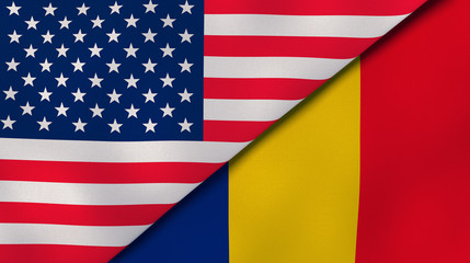 The flags of United States and Romania. News, reportage, business background. 3d illustration