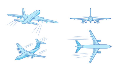 Different types of blue passanger planes over white background