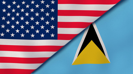 The flags of United States and Saint Lucia. News, reportage, business background. 3d illustration