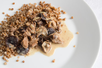 pork stewed with honey agarics and sour cream garnished with buckwheat