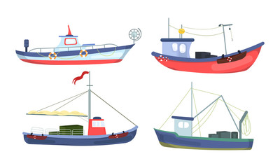 Different kinds of cargo ships over white background