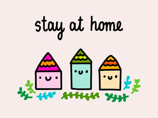 Stay at home hand drawn vector illustration in cartoon comic style houses smiling pandemic infection isolation