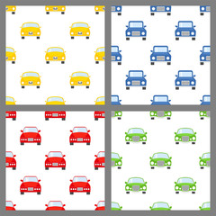 Set of colorful toy cars. Baby seamless patterns with cartoon vehicles on white. Vector illustration.