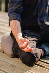 Young sporty people practicing yoga, doing Padmasana exercise, Lotus pose, with mudra gesture,...