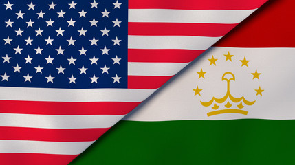 The flags of United States and Tajikistan. News, reportage, business background. 3d illustration