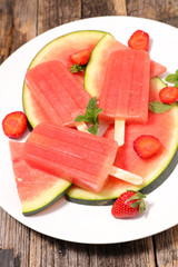 watermelon and strawberry ice cream popsicle