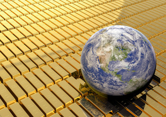A 3D rendering of Earth in step of 1000 gram fine gold bar