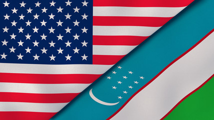 The flags of United States and Uzbekistan. News, reportage, business background. 3d illustration