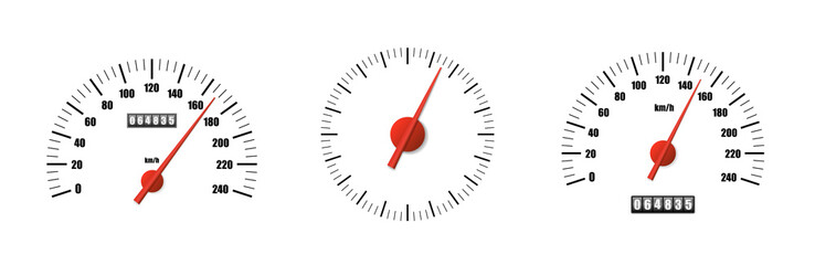 Realistic speedometer pack isolated on white background. Sport car odometer with motor miles measuring scale. Racing speed counter. Engine power concept template. Vector illustration