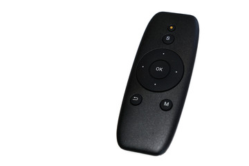 Remote black little smart simple control for entertainment equipment isolated white background