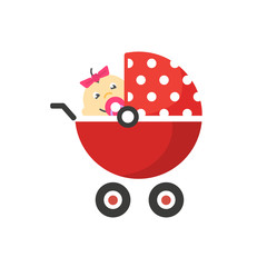 Child buggy or baby stroller pram vector icon with kid character inside flat cartoon symbol isolated on white background, infant newborn in small little carriage clipart