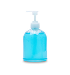 close up a bottle of blue hand sanitizer pump bottle alcohol gel isolated on white background