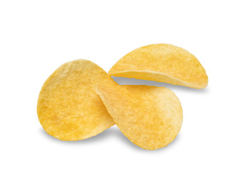 closeup Crispy potato chips isolated on white background top view with clipping path