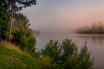 Fototapeta na wymiar Misty River Sunrise Panorama